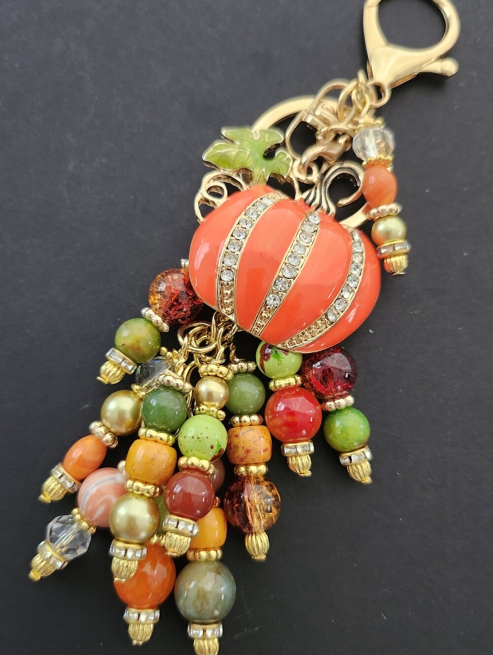 Pumpkin Purse Charm or Keychain Rhinestone Carnelian Fire Agate Handcrafted